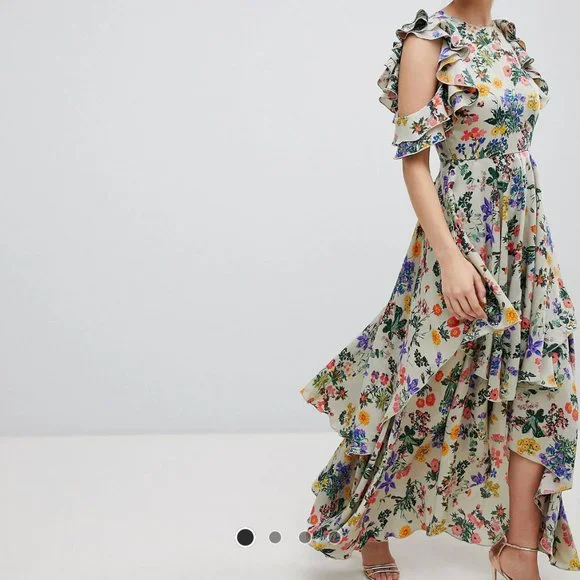 boutique lo floral satin ruffle dip hem dress Pink Multi Floral Dress - Pleated Maxi Dress - Plunge Maxi Dress